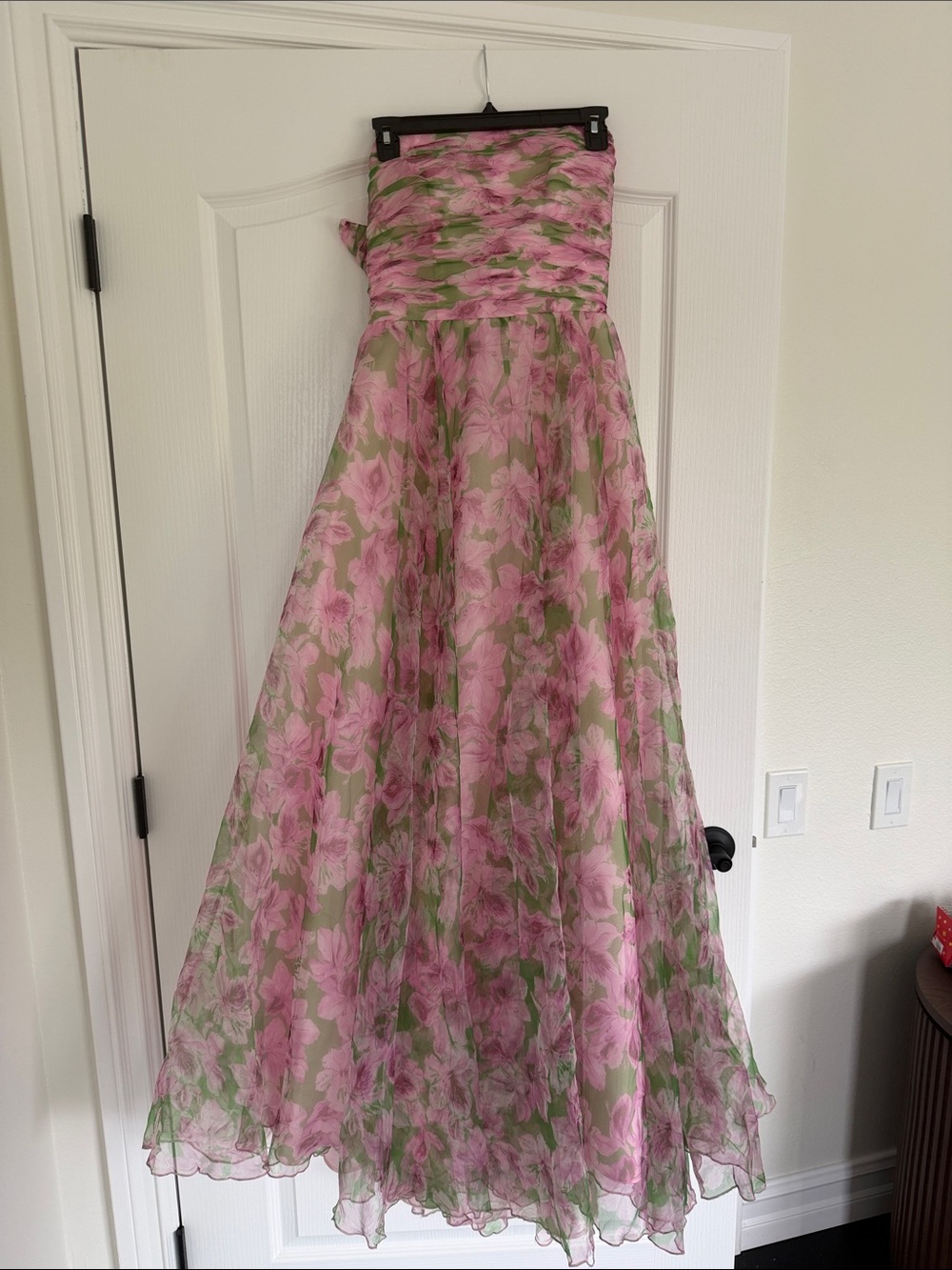 Mac Duggal Pink Strapless Floral Chiffon Gown with Ruched Detail
